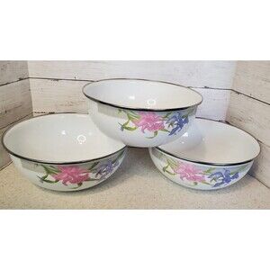 Vintage MCM Enamel Metal Mixing Bowl Set 3 Floral Iris Pink Purple Nesting Grand